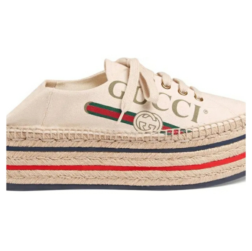 Gucci Cream Canvas Platform Espadrilles with Red and Navy Stripes - Picture 2 of 8